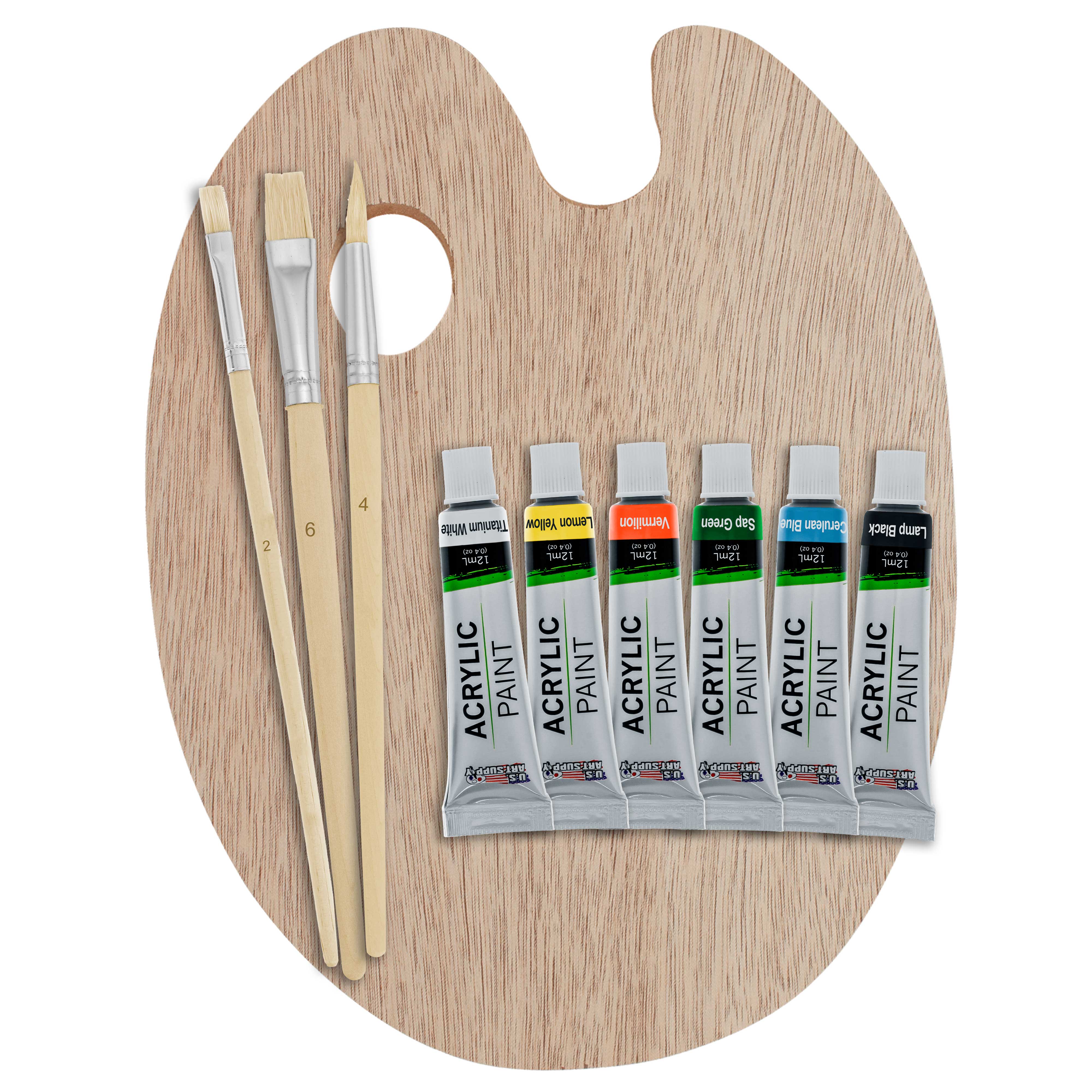 US Art Supply Wood Palette with 6-Piece Acrylic Paint Set & 3-Piece Brush Set